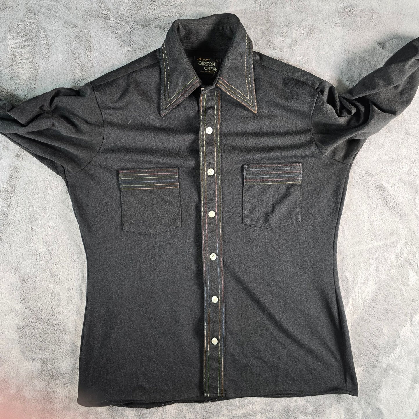 Vintage 1970s Arrow Carlton Crepe Black Rainbow Stitch Polyester Disco Shirt (M)