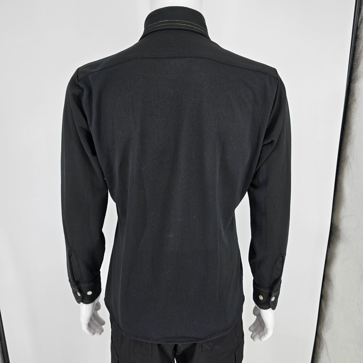 Vintage 1970s Arrow Carlton Crepe Black Rainbow Stitch Polyester Disco Shirt (M)