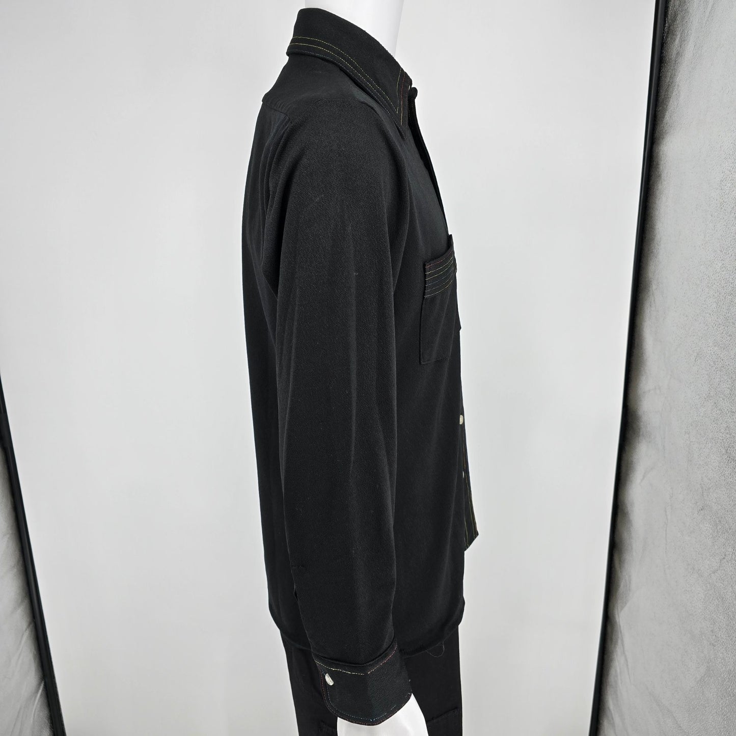 Vintage 1970s Arrow Carlton Crepe Black Rainbow Stitch Polyester Disco Shirt (M)