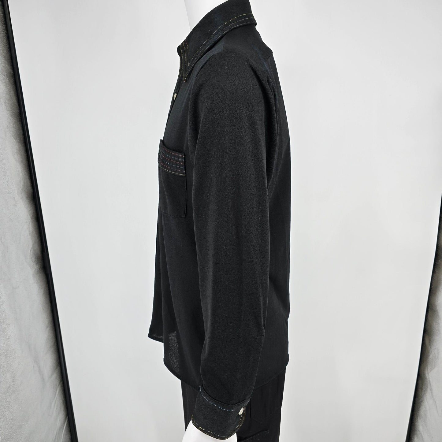 Vintage 1970s Arrow Carlton Crepe Black Rainbow Stitch Polyester Disco Shirt (M)