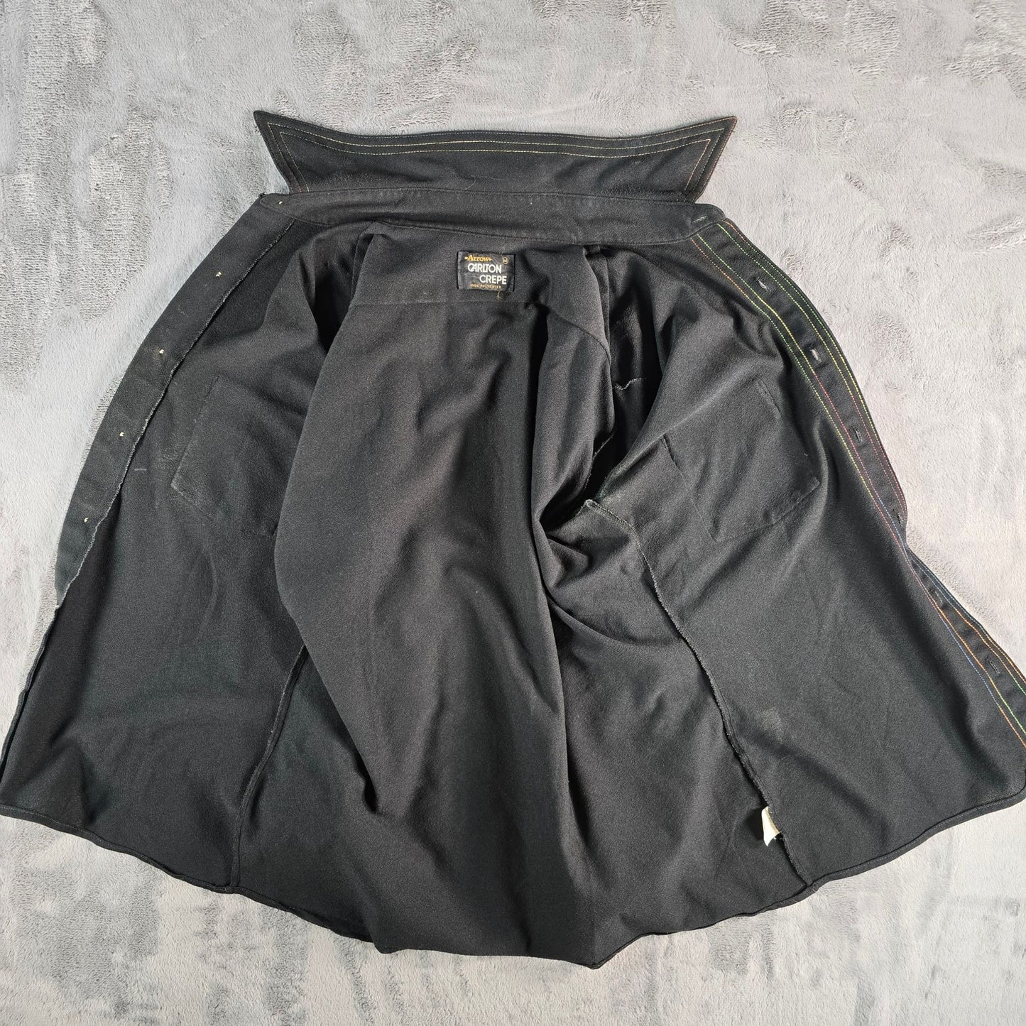 Vintage 1970s Arrow Carlton Crepe Black Rainbow Stitch Polyester Disco Shirt (M)