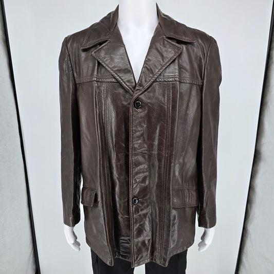 Vintage 1970s Montgomery Ward Men's Brown Leather Car Coat (Size 42/Large)