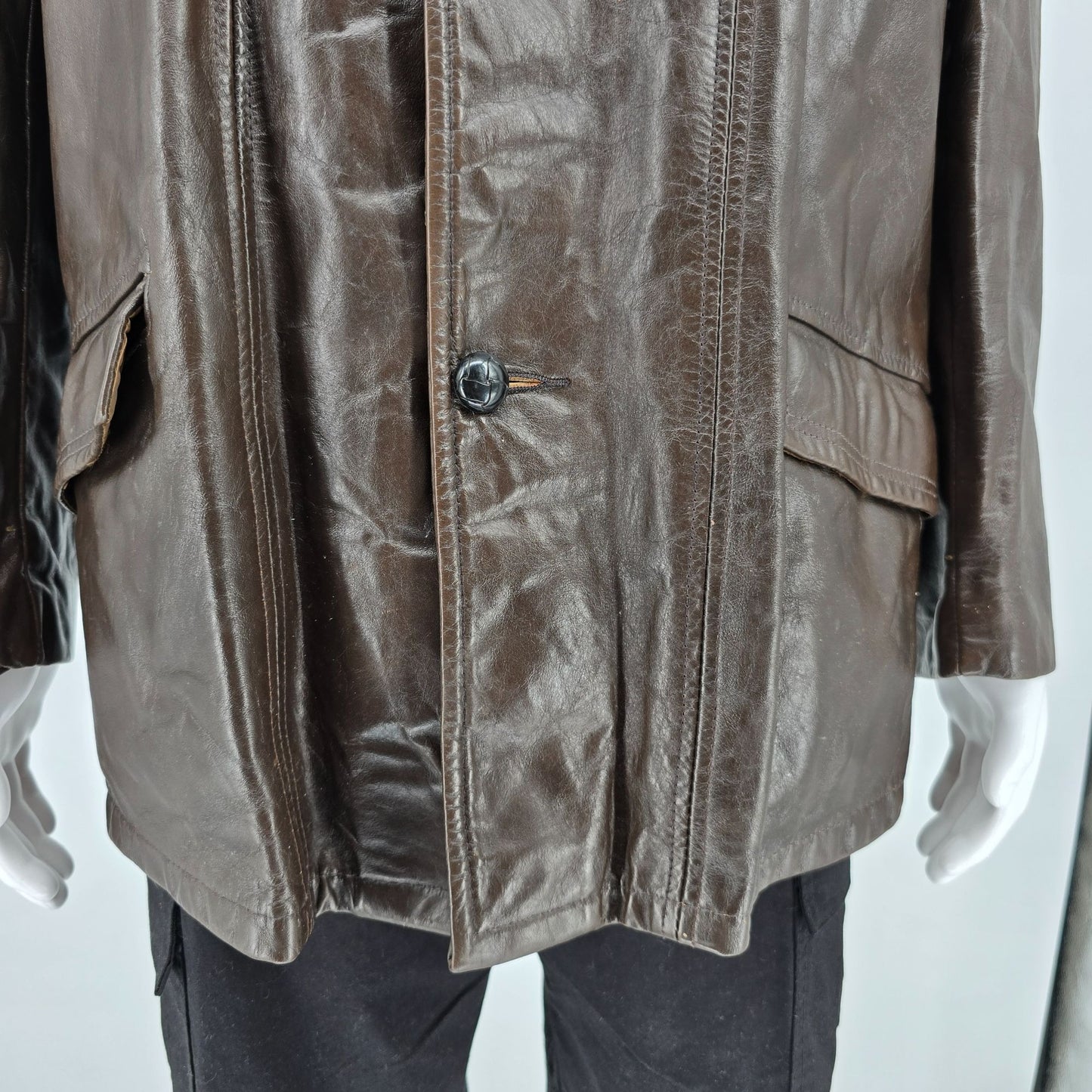 Vintage 1970s Montgomery Ward Men's Brown Leather Car Coat (Size 42/Large)