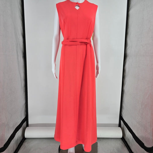 Vintage 1970s Mynette Coral Red Knit Keyhole Neck Belted Maxi Dress (L)