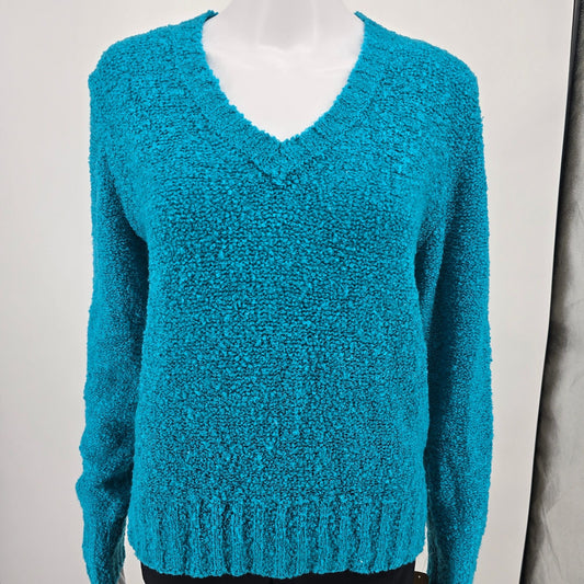 Vintage 1980s Blinkers Women's Teal Boucle Popcorn Knit V-Neck Sweater (M)