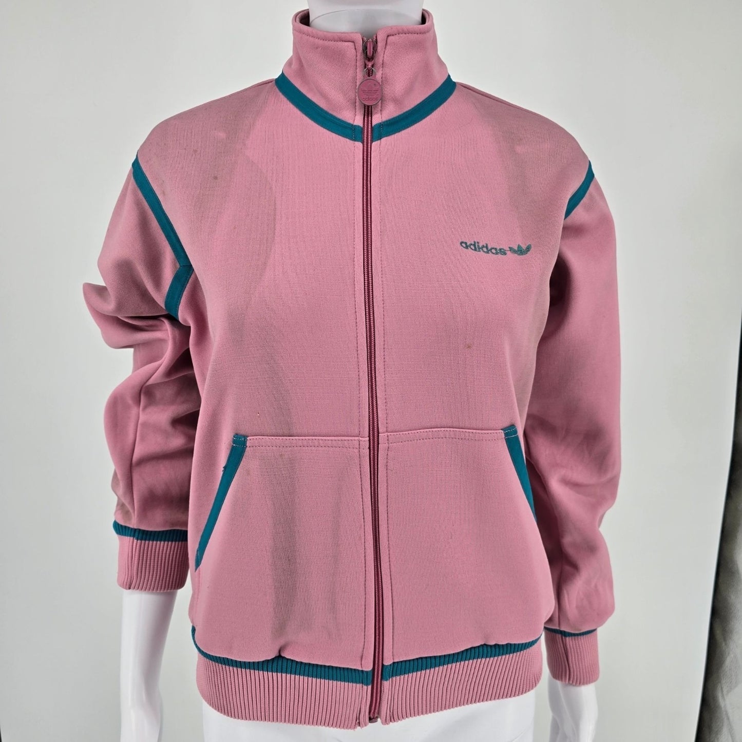 Distressed Vintage 1980s Adidas Women's Pink & Teal Full-Zip Track Jacket (S)