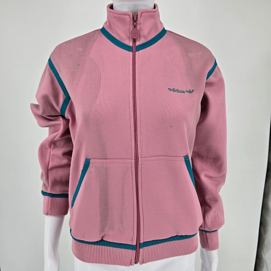Distressed Vintage 1980s Adidas Women's Pink & Teal Full-Zip Track Jacket (S)