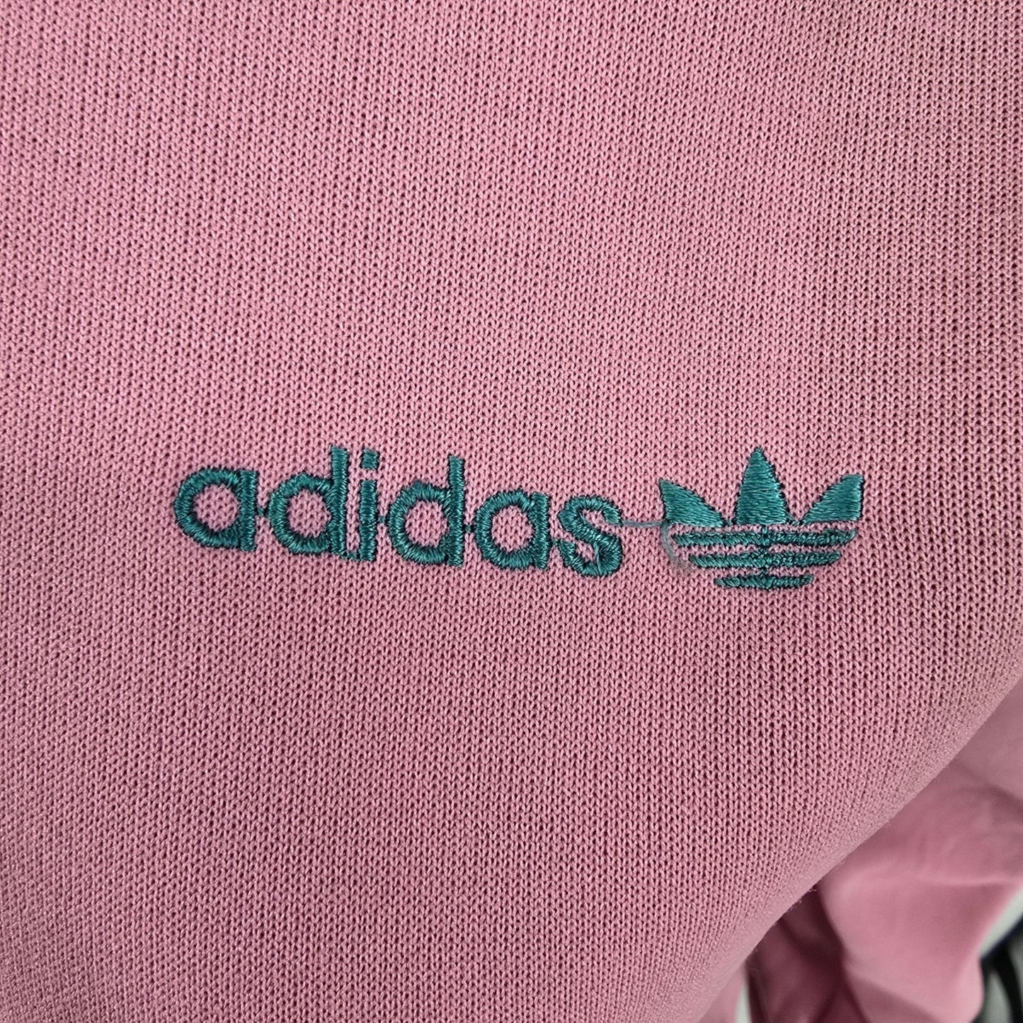 Distressed Vintage 1980s Adidas Women's Pink & Teal Full-Zip Track Jacket (S)
