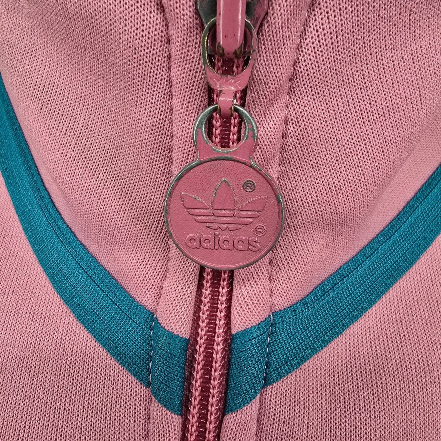 Distressed Vintage 1980s Adidas Women's Pink & Teal Full-Zip Track Jacket (S)