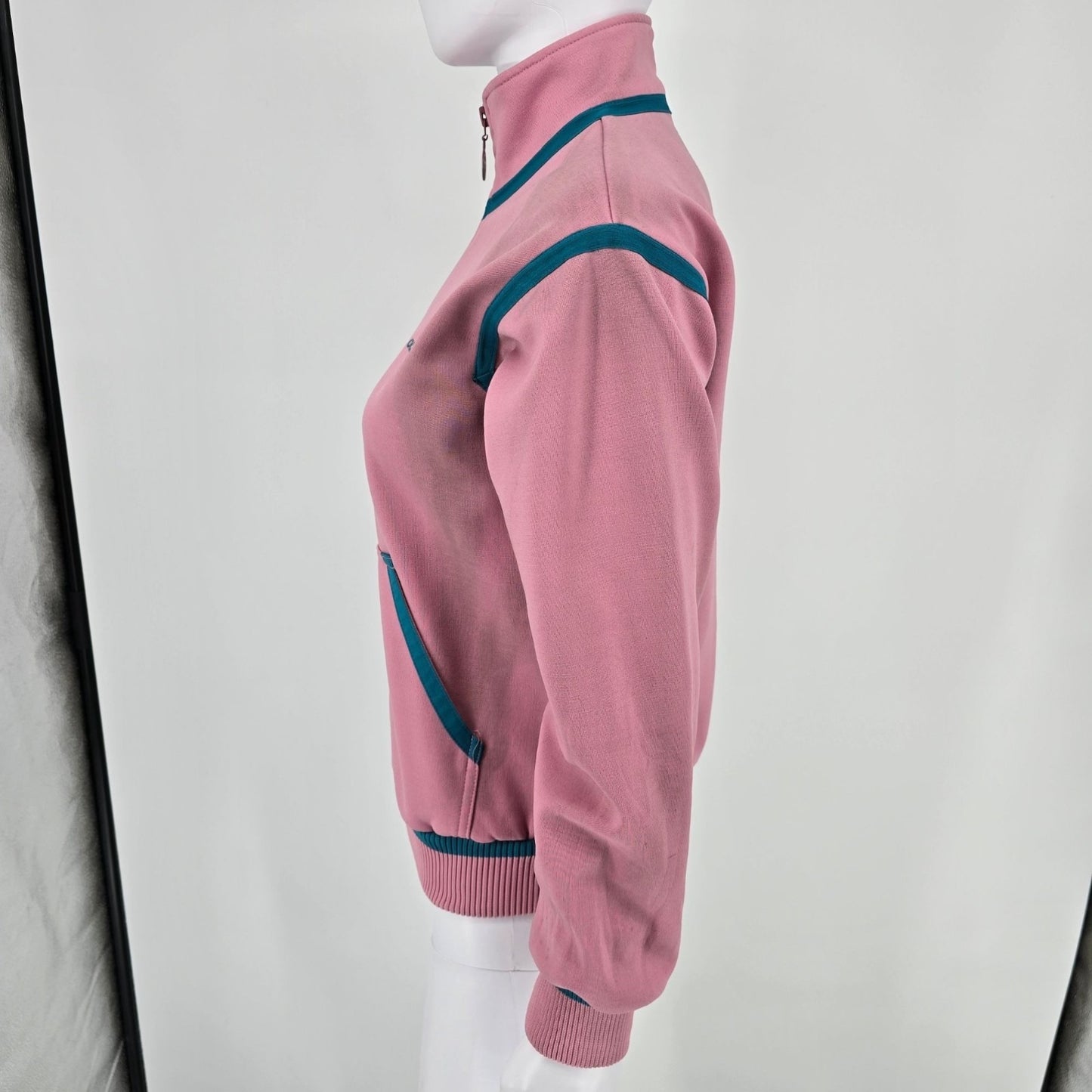 Distressed Vintage 1980s Adidas Women's Pink & Teal Full-Zip Track Jacket (S)