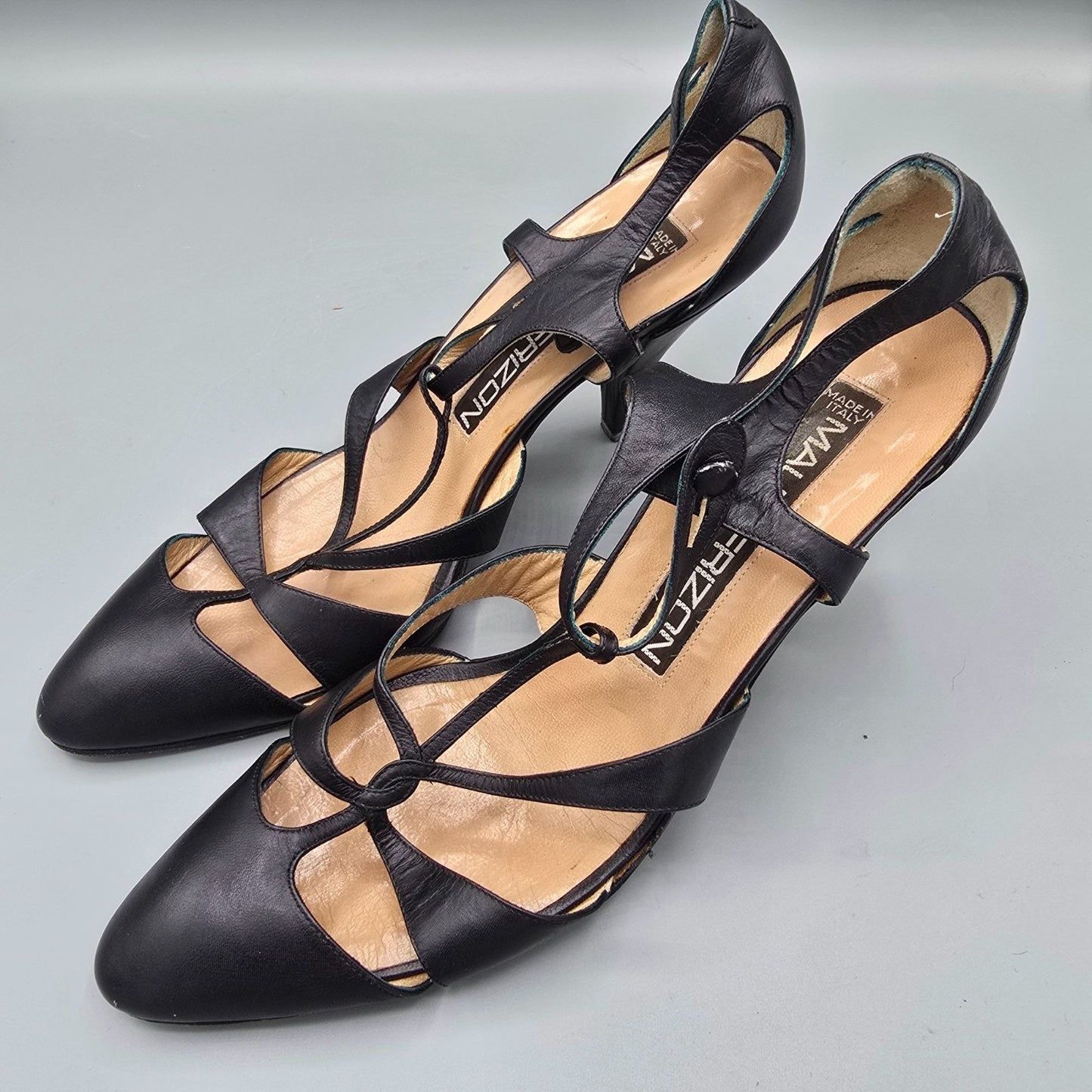Vintage 1980s Maud Frizon Paris Black Cut-Out Multi-Strap Pumps (EU37/US6.5B)