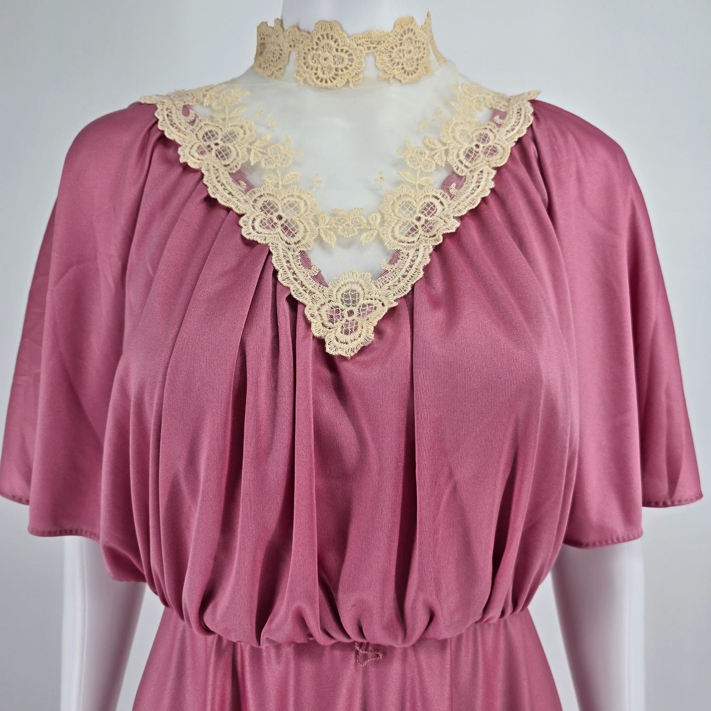 Vintage 1970s Unbranded Lace Neck Pink Flutter Sleeve Maxi Hostess Dress (XS)