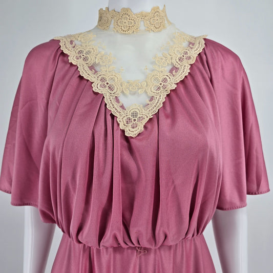Vintage 1970s Unbranded Lace Neck Pink Flutter Sleeve Maxi Hostess Dress (XS)
