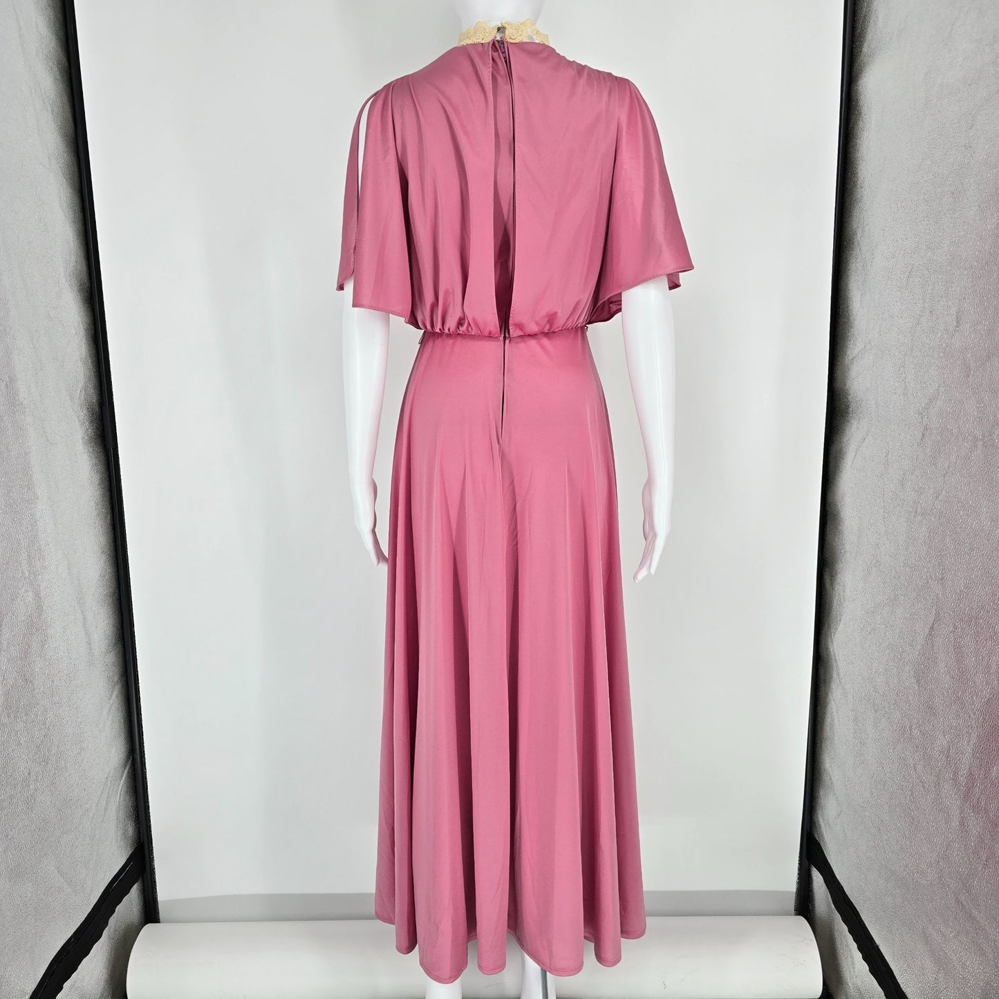 Vintage 1970s Unbranded Lace Neck Pink Flutter Sleeve Maxi Hostess Dress (XS)