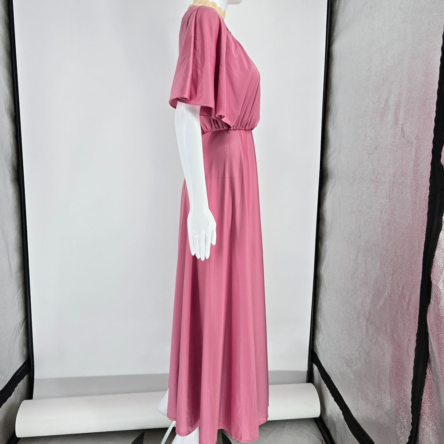 Vintage 1970s Unbranded Lace Neck Pink Flutter Sleeve Maxi Hostess Dress (XS)