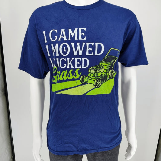Blue "I Came I Mowed I Kick Grass" Lawn Mowing Graphic T-Shirt (Large)
