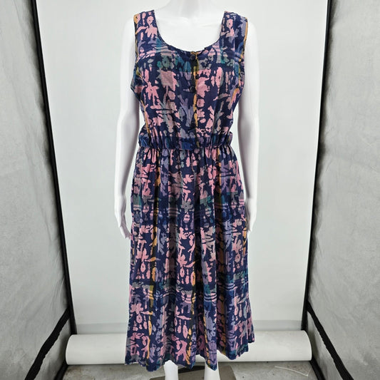Vintage 1990s Blue/Pink Batik Elastic Waist Sleeveless Midi Sundress (L)