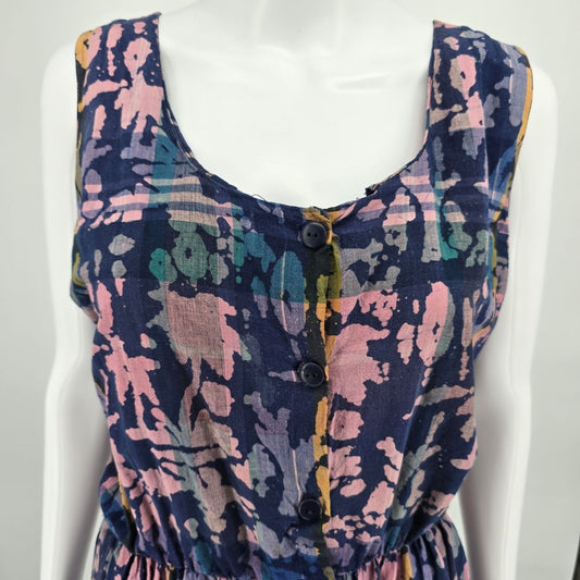 Vintage 1990s Blue/Pink Batik Elastic Waist Sleeveless Midi Sundress (L)