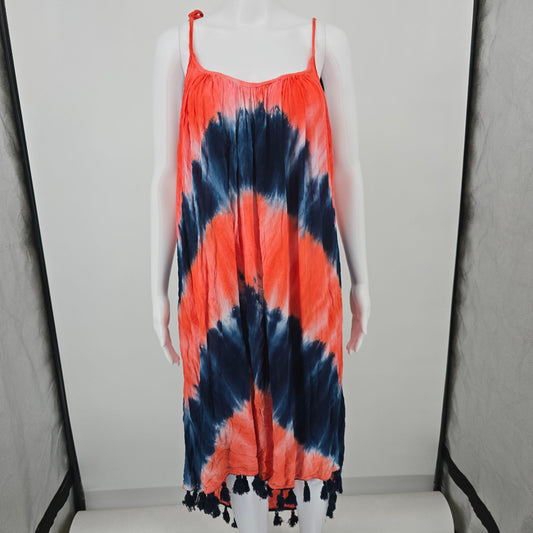 2010s SB Fashion Coral/Navy Tie-Dye Rayon Trapeze Boho Sundress (Free Size)