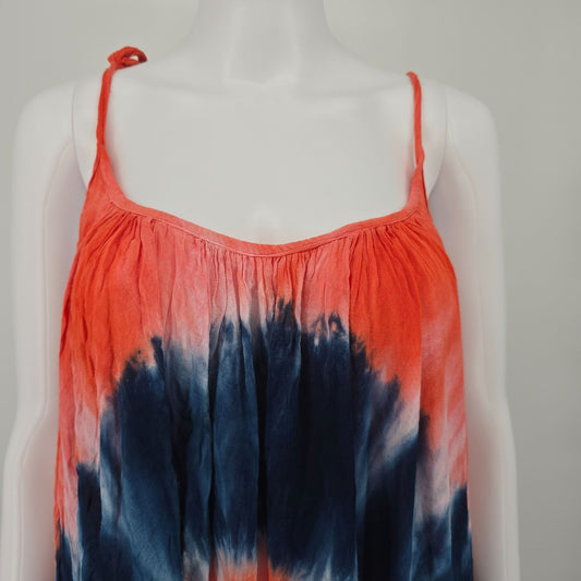 2010s SB Fashion Coral/Navy Tie-Dye Rayon Trapeze Boho Sundress (Free Size)