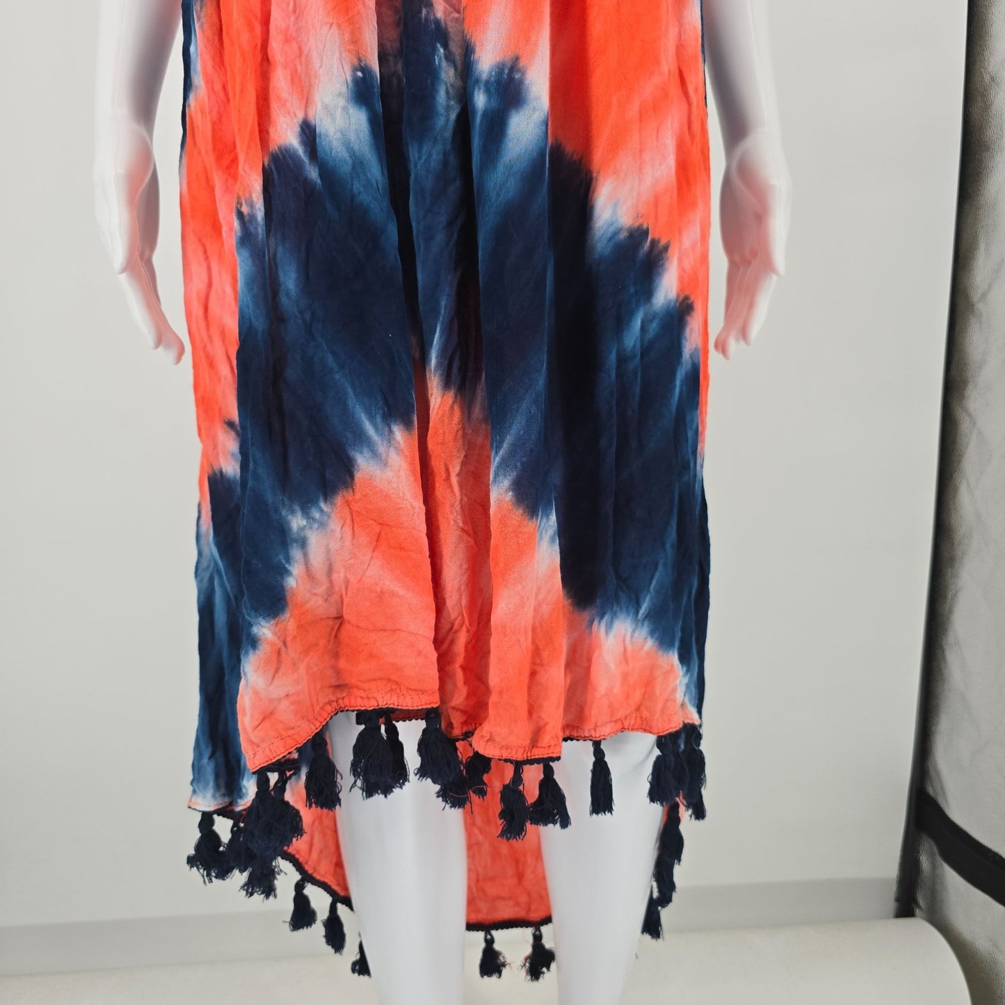 2010s SB Fashion Coral/Navy Tie-Dye Rayon Trapeze Boho Sundress (Free Size)