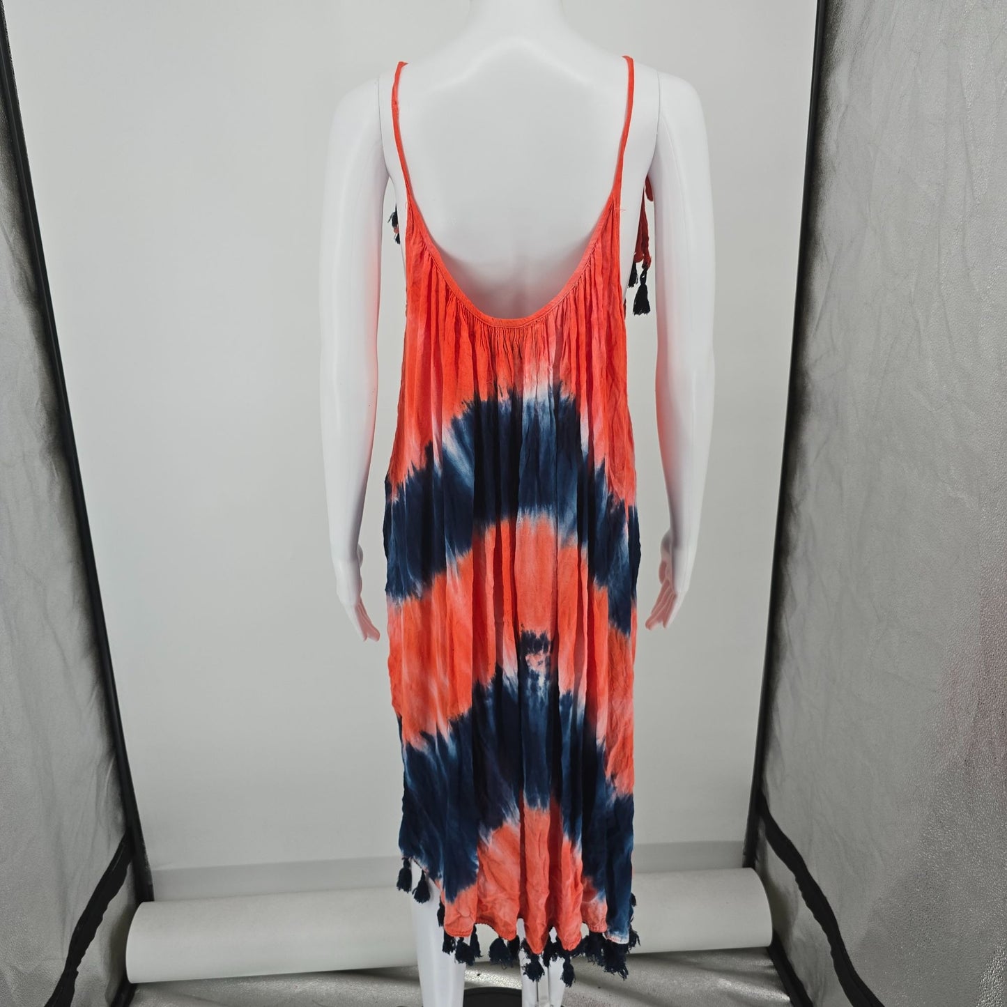 2010s SB Fashion Coral/Navy Tie-Dye Rayon Trapeze Boho Sundress (Free Size)