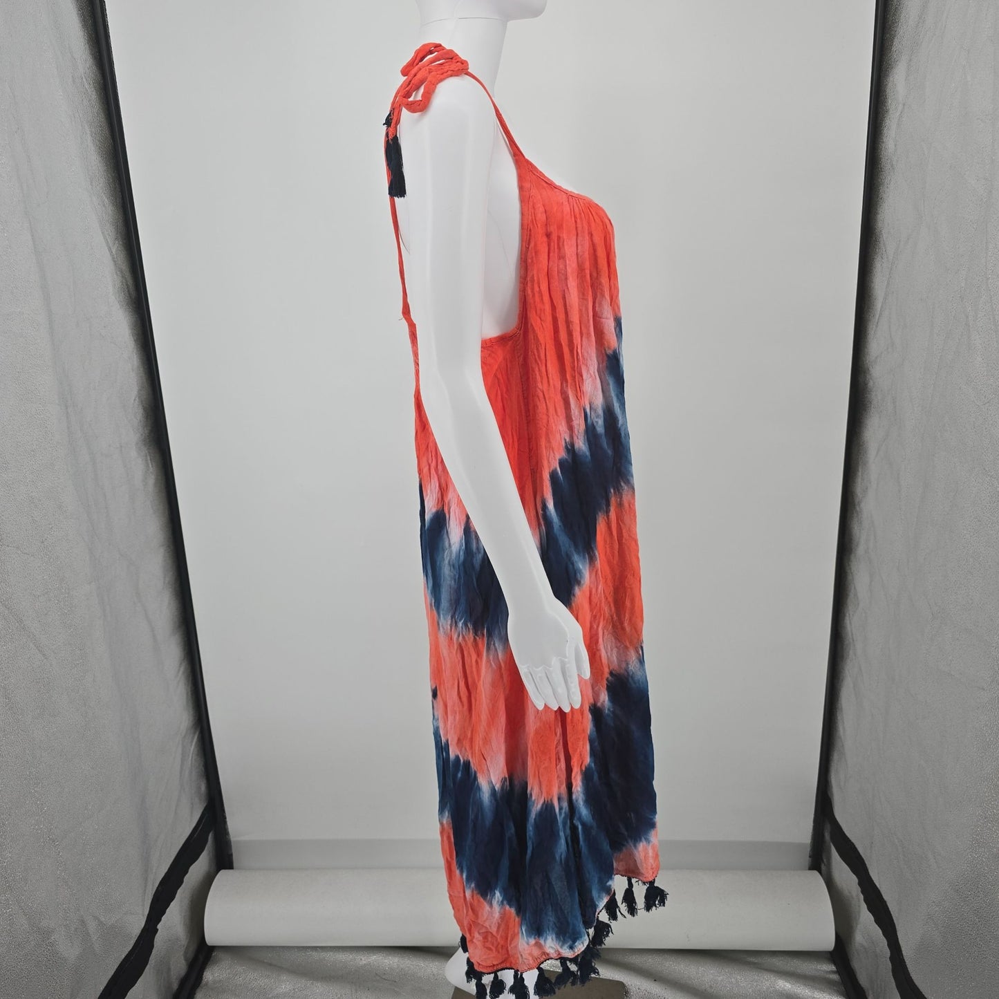 2010s SB Fashion Coral/Navy Tie-Dye Rayon Trapeze Boho Sundress (Free Size)