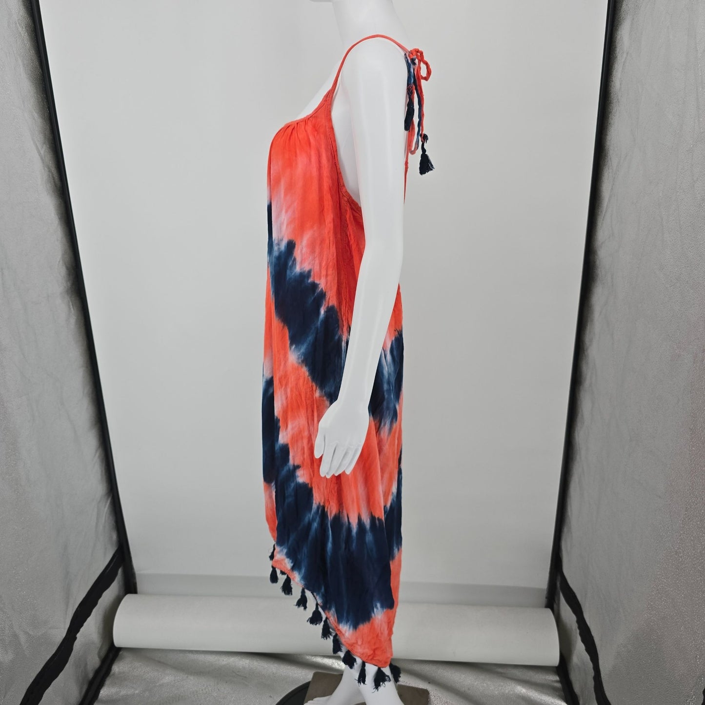 2010s SB Fashion Coral/Navy Tie-Dye Rayon Trapeze Boho Sundress (Free Size)