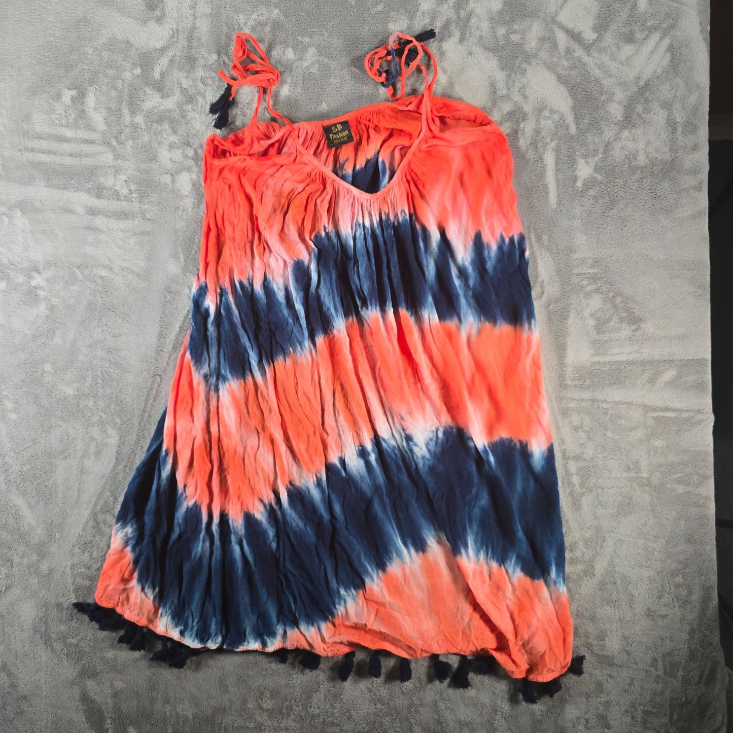 2010s SB Fashion Coral/Navy Tie-Dye Rayon Trapeze Boho Sundress (Free Size)