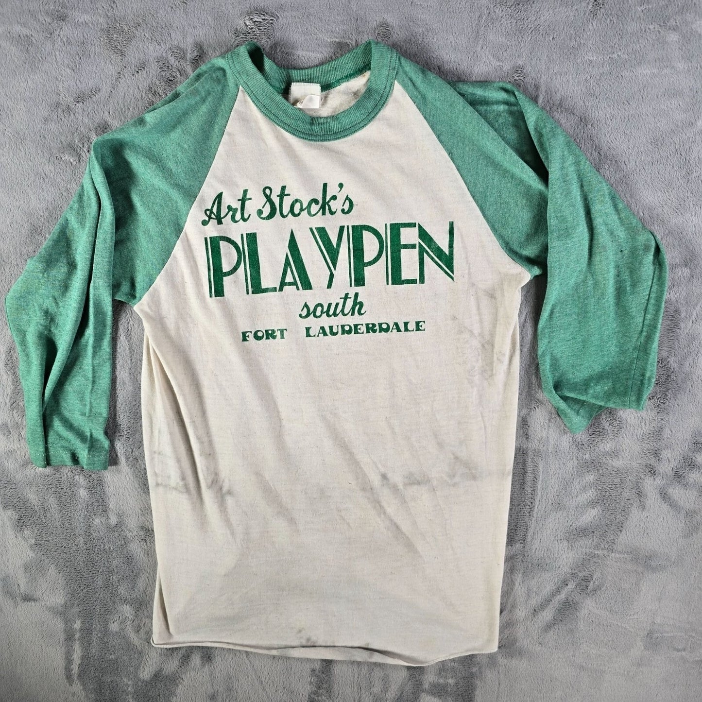 Vintage Thrashed 1970s Art Stock's Playpen South Fort Lauderdale T-Shirt (Small)