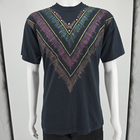 Vintage 1990s Screen Stars Rhinestone Glitter Paint Wearable Art T-Shirt (L)