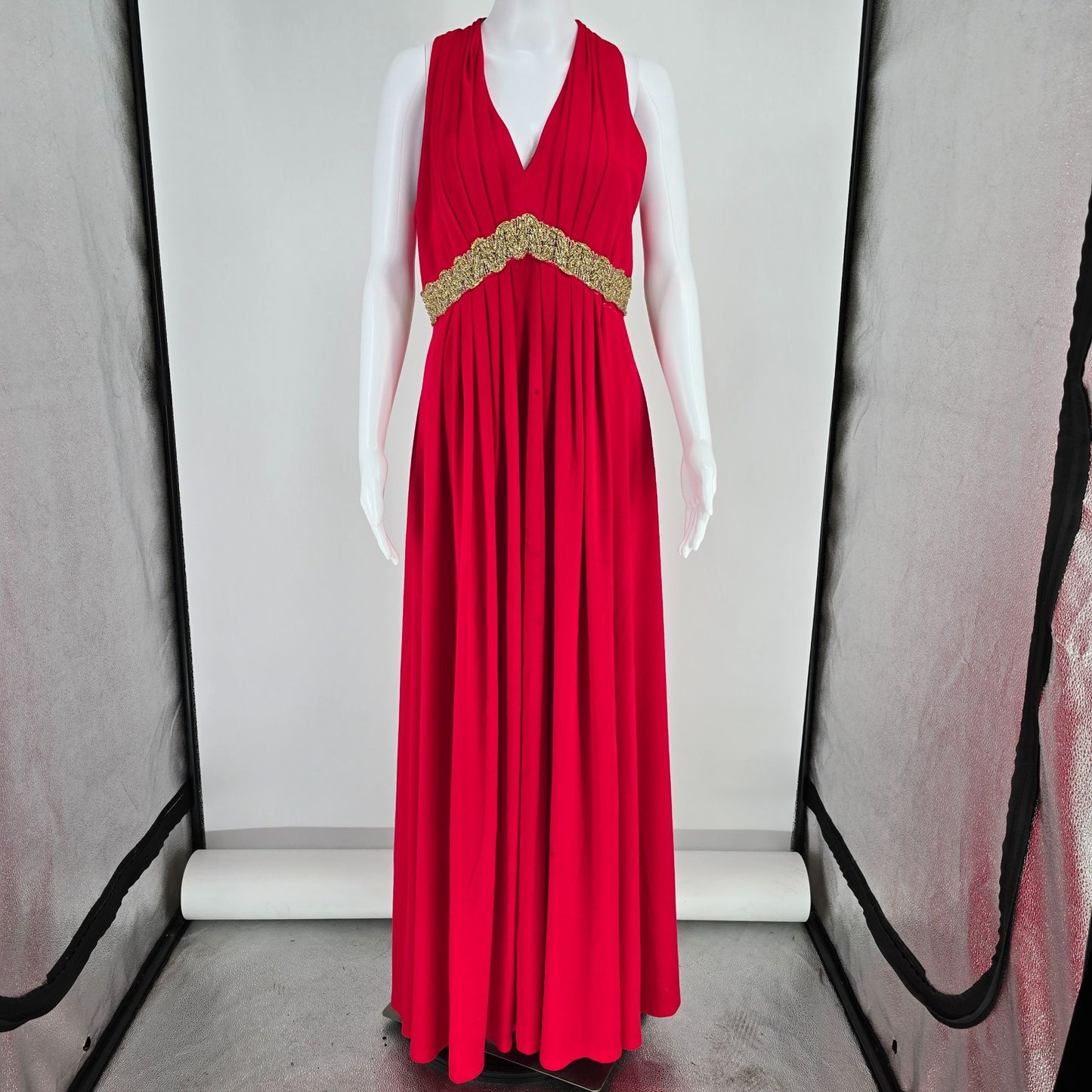 Vintage 1970s Julie Miller California Red Metallic Empire Waist Maxi Dress (M)
