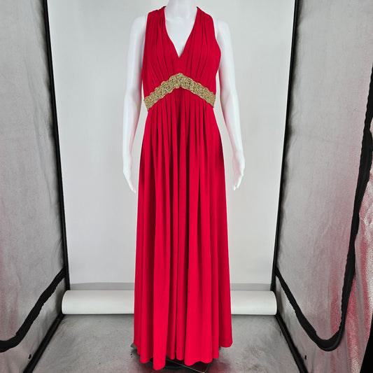 Vintage 1970s Julie Miller California Red Metallic Empire Waist Maxi Dress (M)
