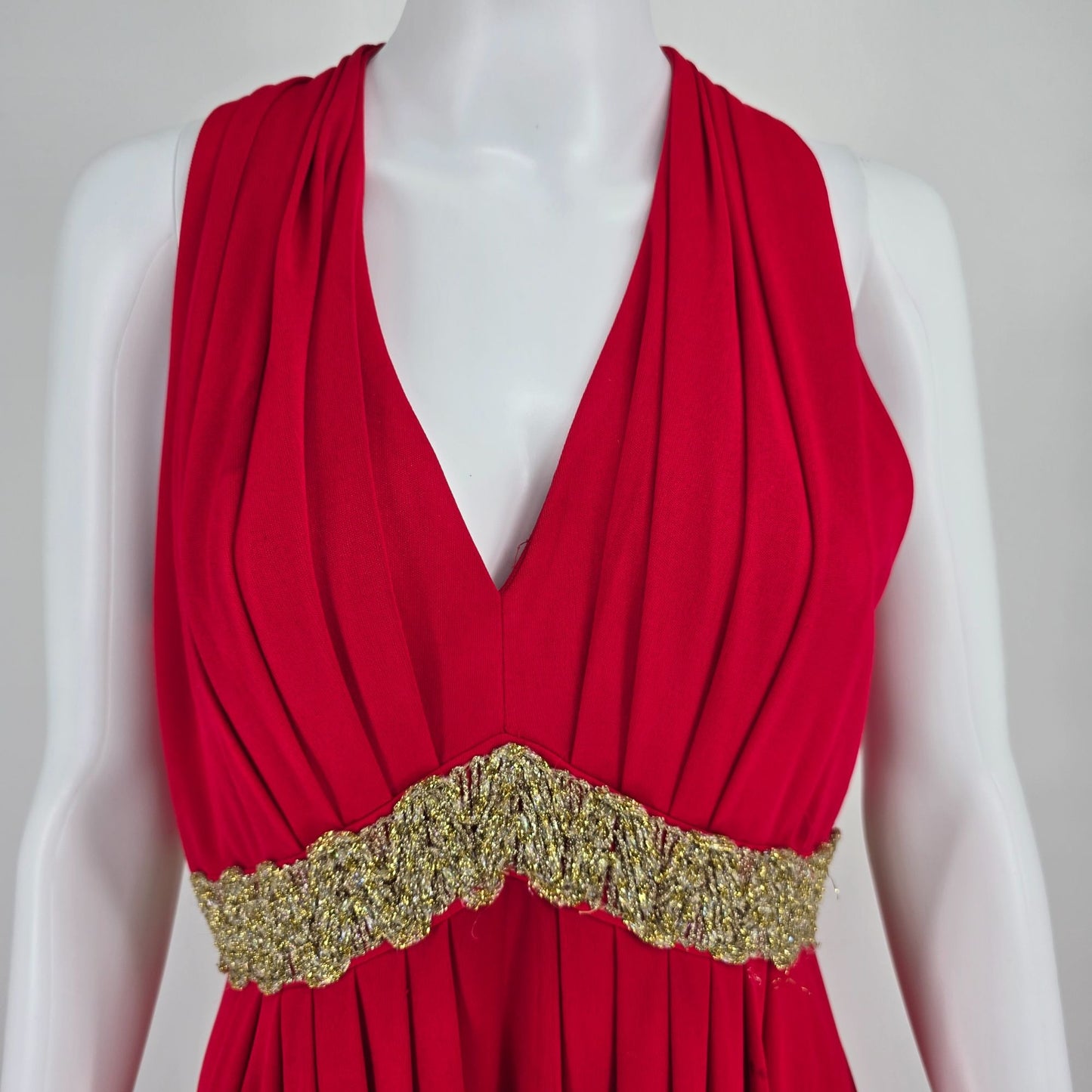 Vintage 1970s Julie Miller California Red Metallic Empire Waist Maxi Dress (M)