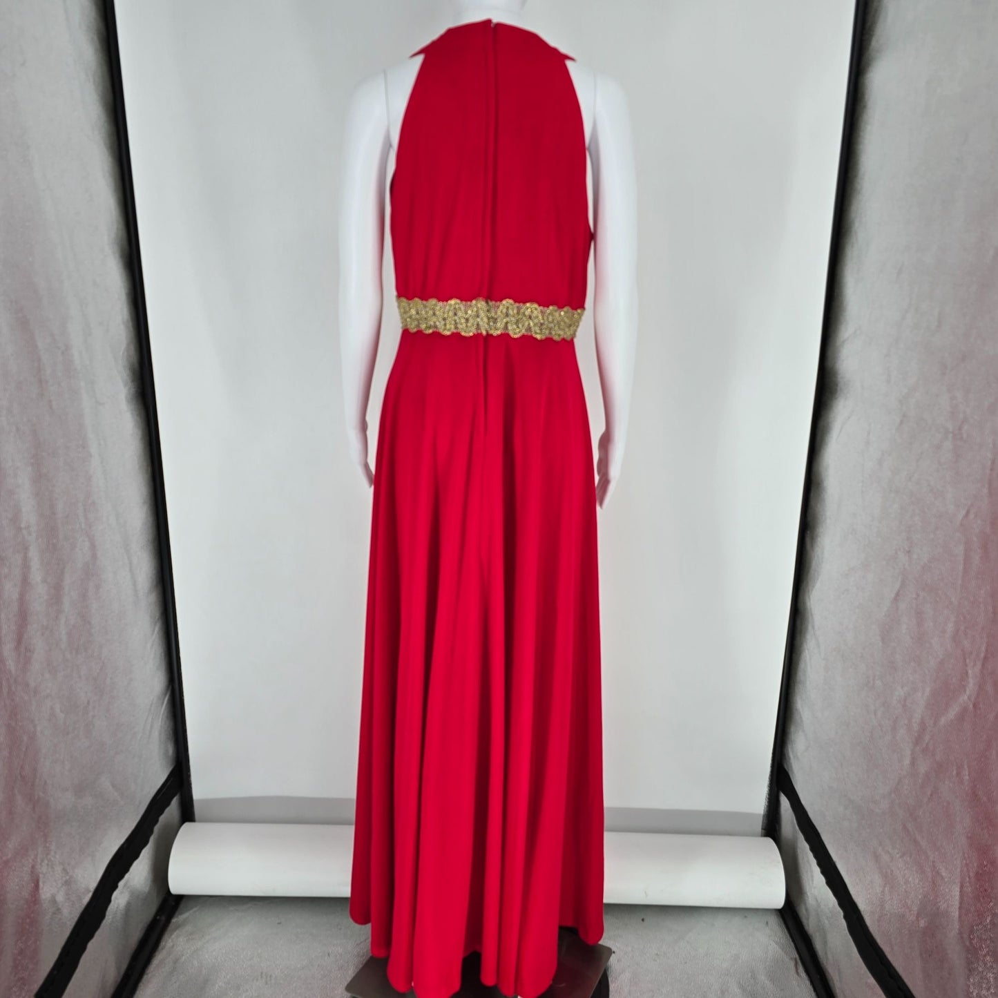 Vintage 1970s Julie Miller California Red Metallic Empire Waist Maxi Dress (M)