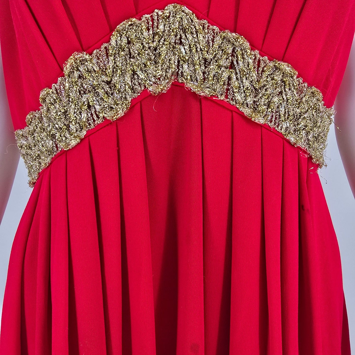Vintage 1970s Julie Miller California Red Metallic Empire Waist Maxi Dress (M)