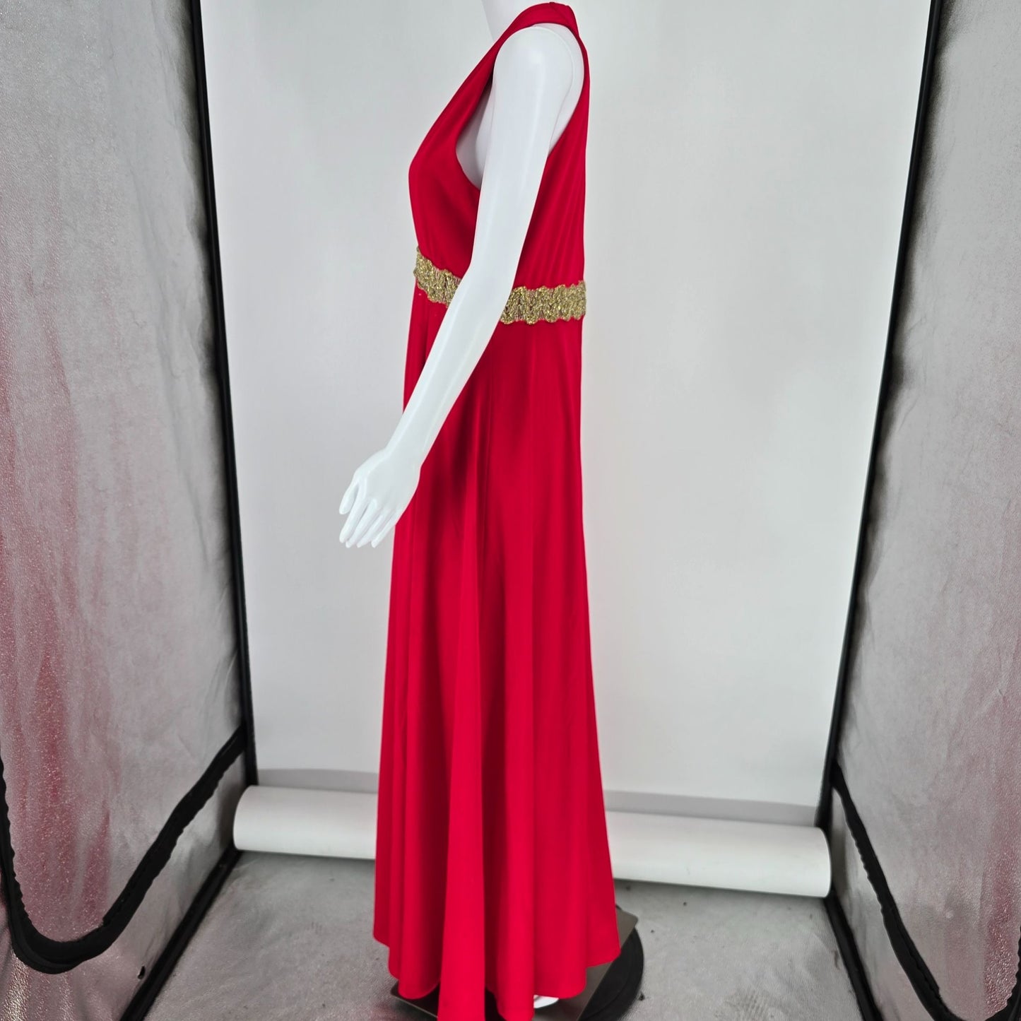 Vintage 1970s Julie Miller California Red Metallic Empire Waist Maxi Dress (M)