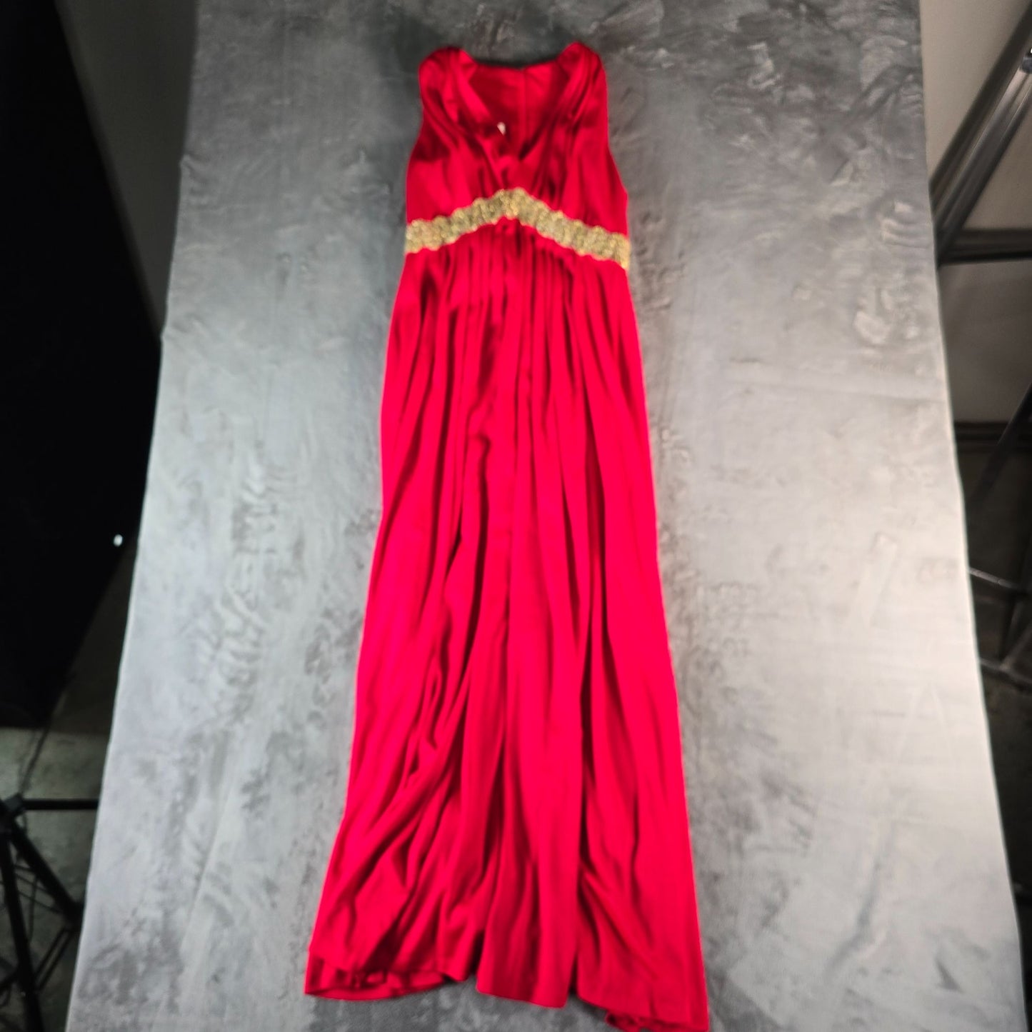 Vintage 1970s Julie Miller California Red Metallic Empire Waist Maxi Dress (M)