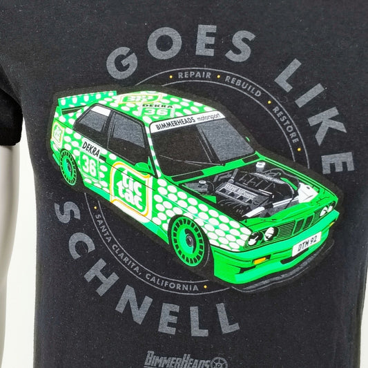 BimmerHeads "Goes Like Schnell" BMW M3 E30 Tic Tac Black Graphic T-Shirt (XS)
