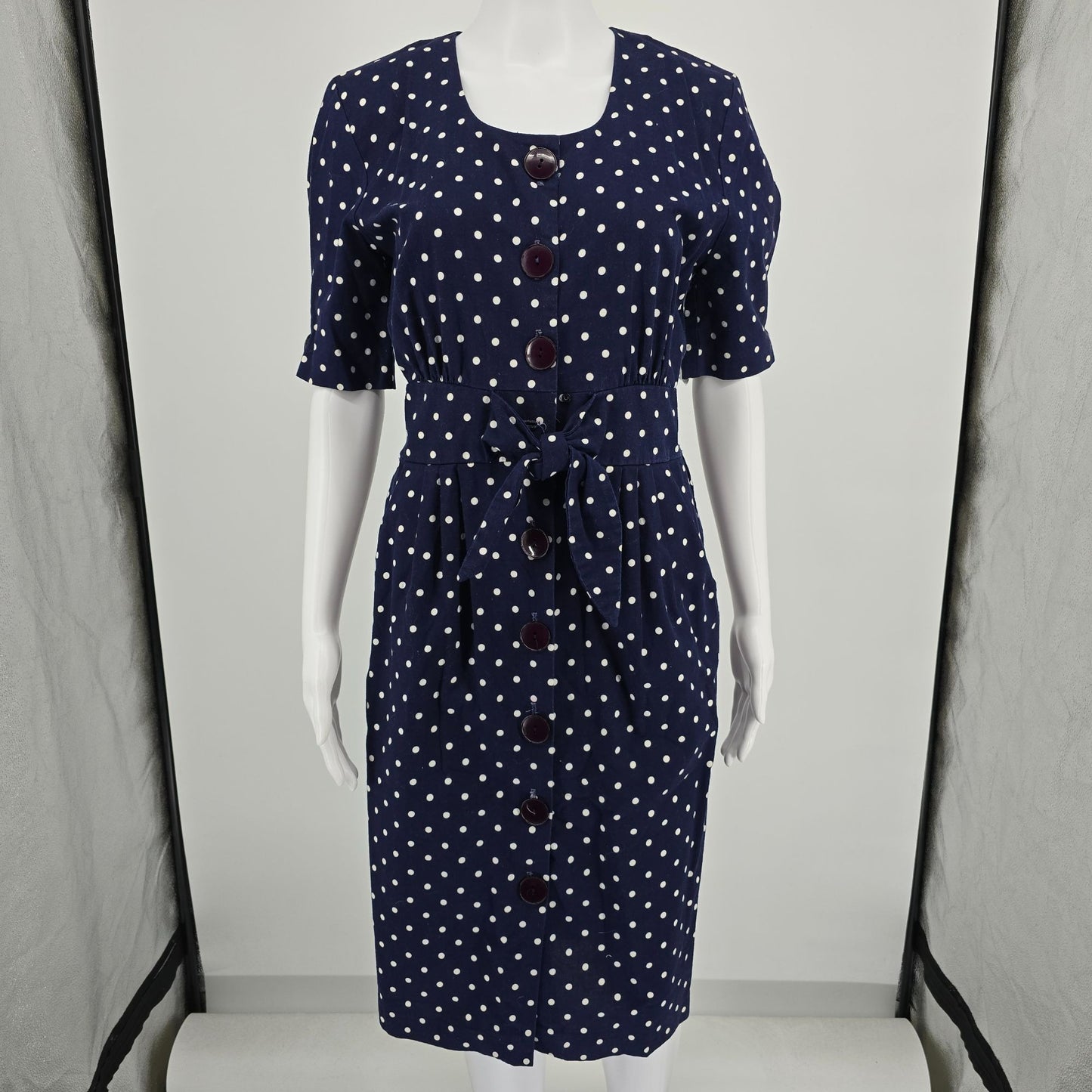 Vintage 1980s Navy/White Polka Dot Belted Button Front Midi Day Dress (Size 8/M)