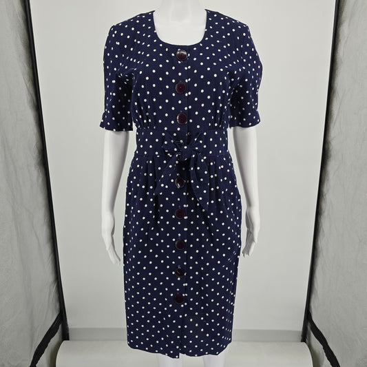 Vintage 1980s Navy/White Polka Dot Belted Button Front Midi Day Dress (Size 8/M)