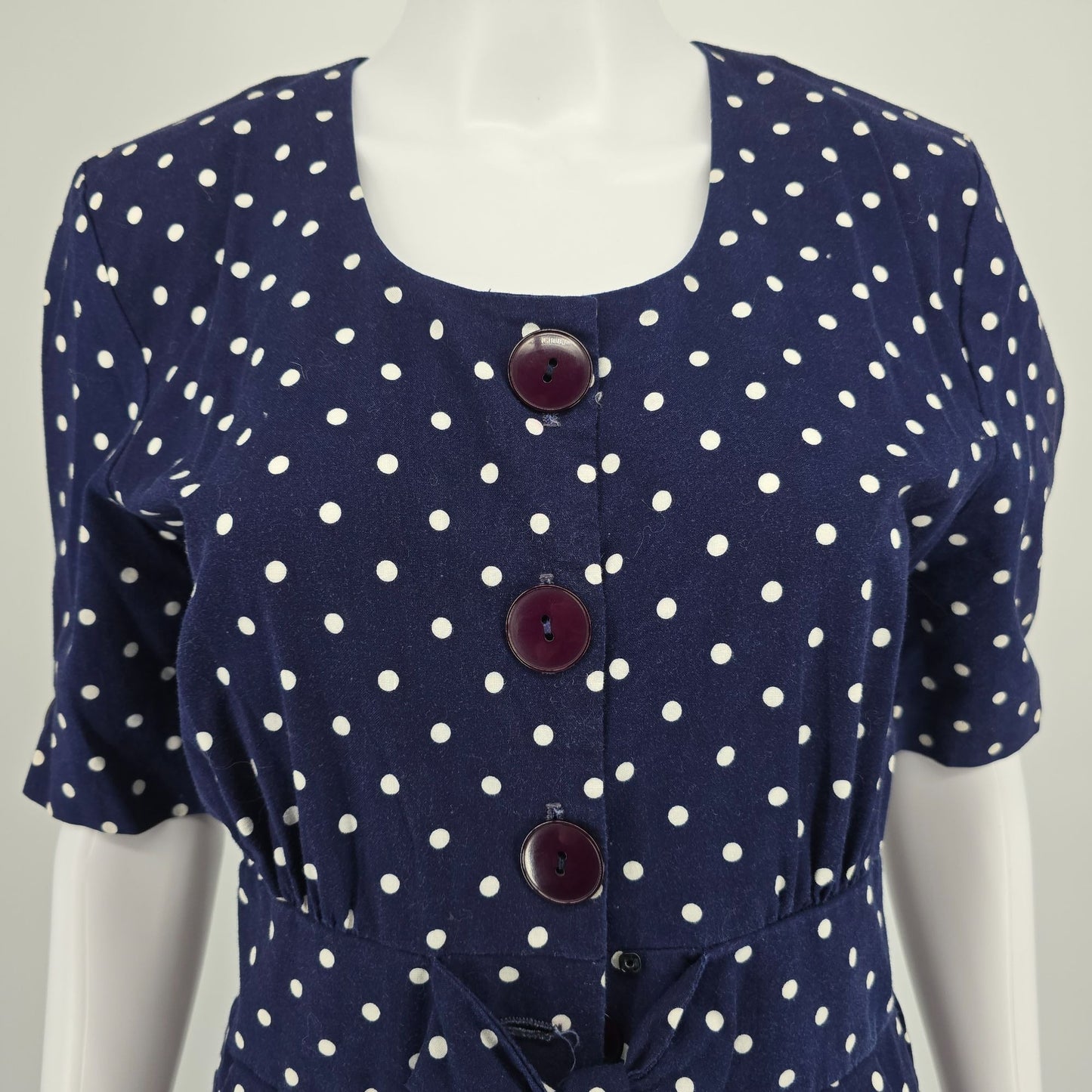 Vintage 1980s Navy/White Polka Dot Belted Button Front Midi Day Dress (Size 8/M)