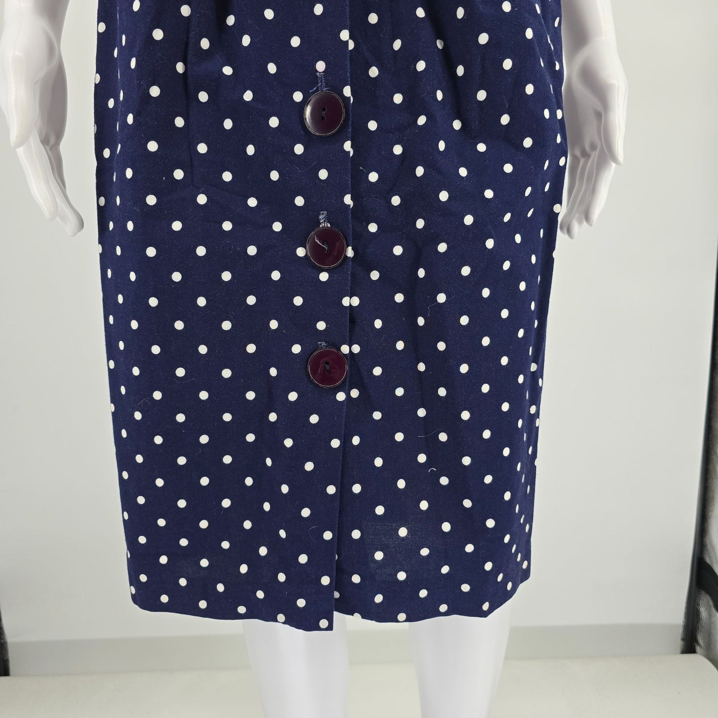 Vintage 1980s Navy/White Polka Dot Belted Button Front Midi Day Dress (Size 8/M)