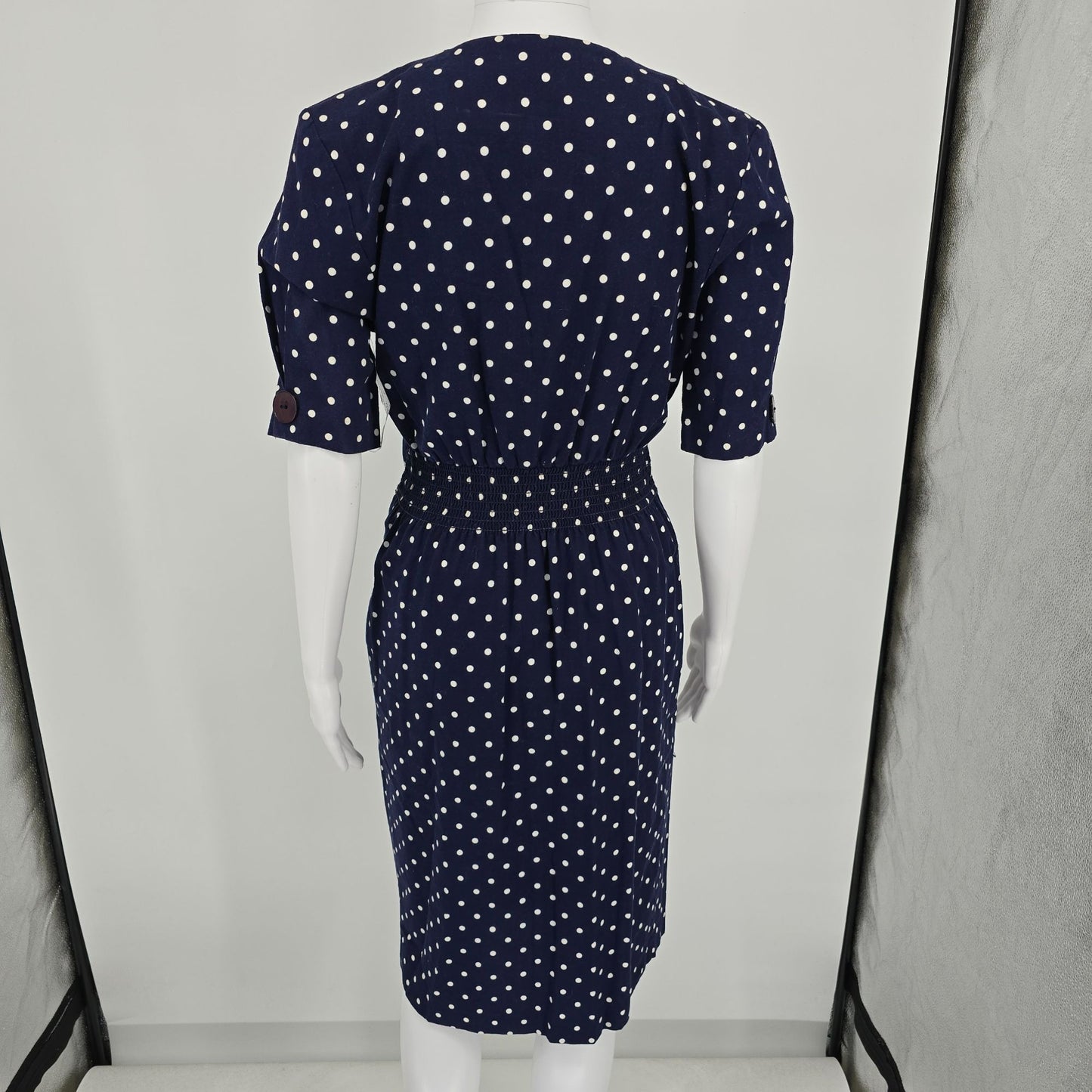 Vintage 1980s Navy/White Polka Dot Belted Button Front Midi Day Dress (Size 8/M)