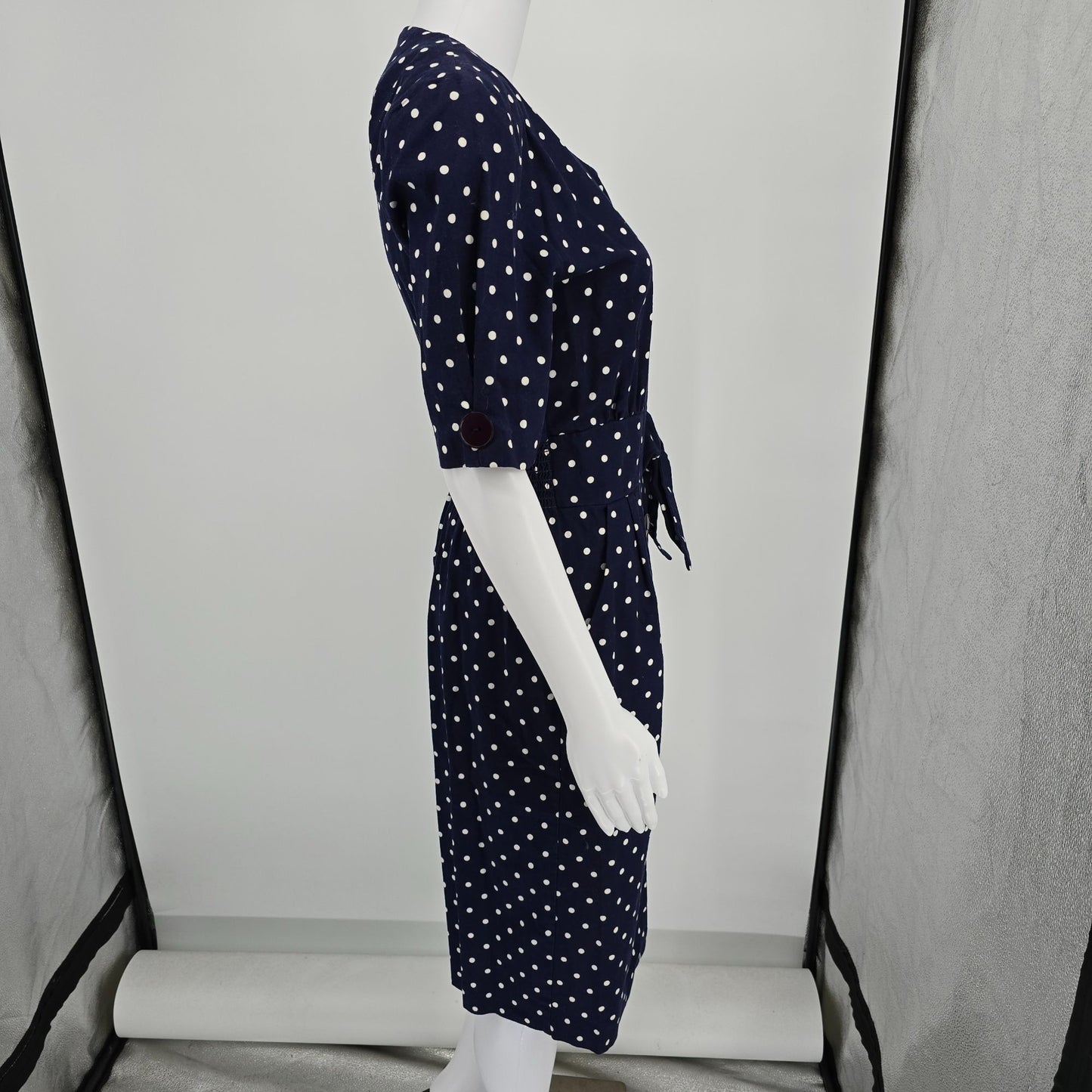 Vintage 1980s Navy/White Polka Dot Belted Button Front Midi Day Dress (Size 8/M)
