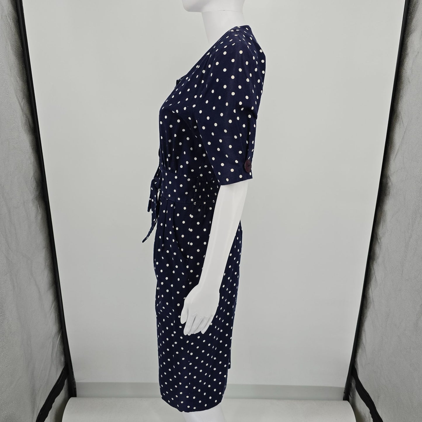 Vintage 1980s Navy/White Polka Dot Belted Button Front Midi Day Dress (Size 8/M)
