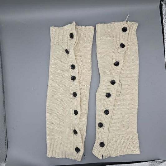 Vintage 1980s Unbranded Cream Knit Button Up Ribbed Border Leg Warmers Set (OS)