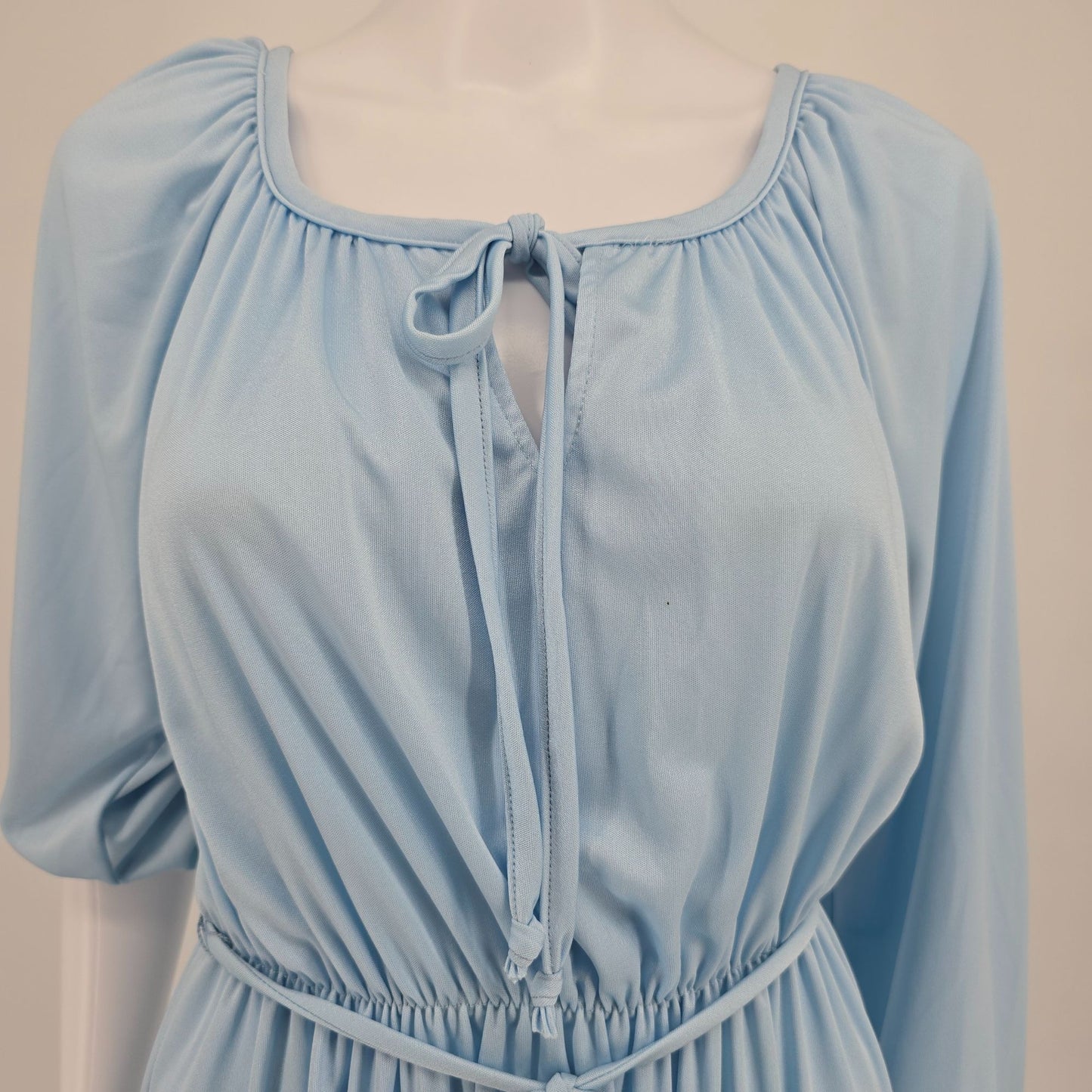 Vintage 1970s Light Blue Elastic Waist Blouson Sleeve Peasant Dress (M)