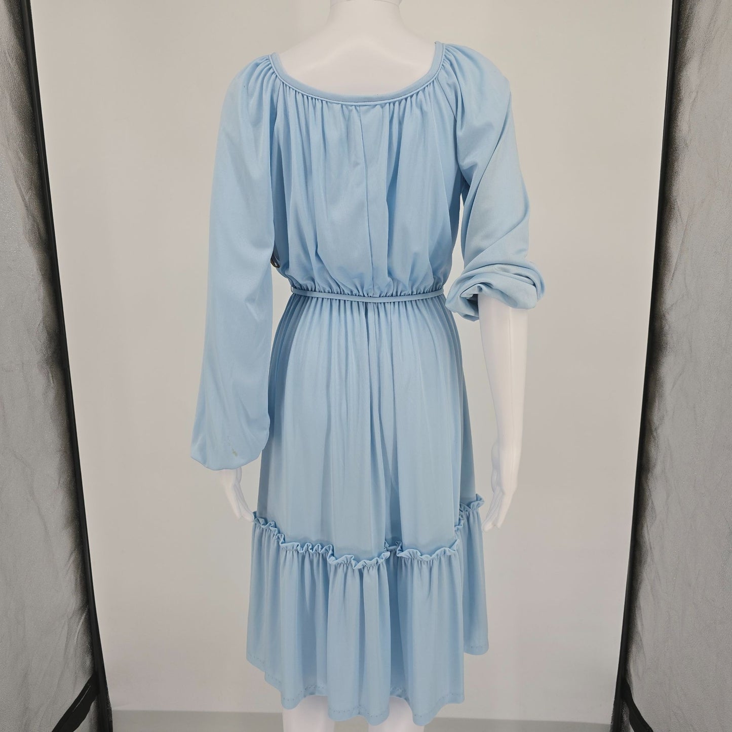 Vintage 1970s Light Blue Elastic Waist Blouson Sleeve Peasant Dress (M)