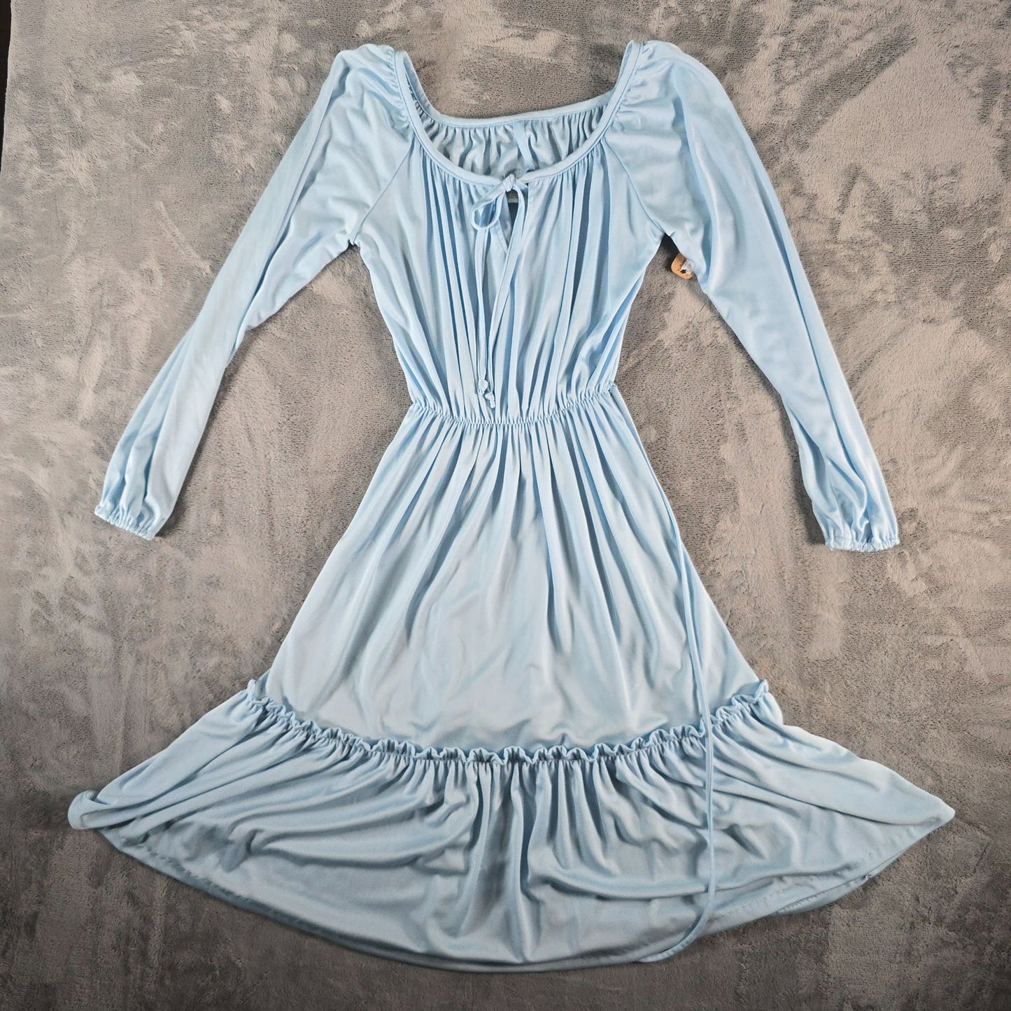 Vintage 1970s Light Blue Elastic Waist Blouson Sleeve Peasant Dress (M)